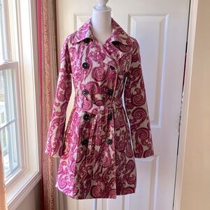 Merona Cotton Belted Trench Coat Long Sleeve Boho Paisley Pink White Size S NWOT